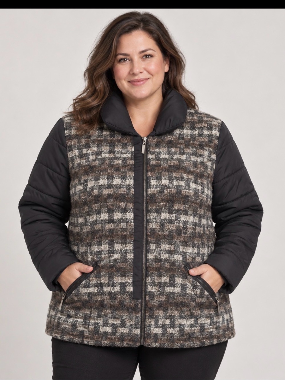 Plaid Front Puffer Jacket - Black & Brown